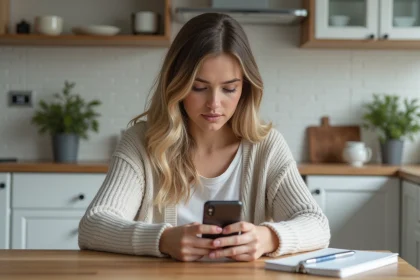 Jeune femme concentrée sur son smartphone dans la cuisine