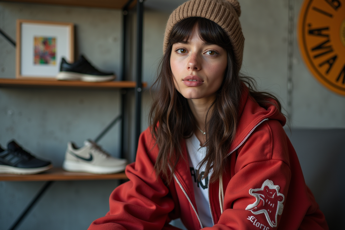 Femme confiante en streetwear dans un studio créatif