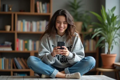 Jeune femme en hoodie en train de filmer un TikTok à la maison