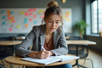 Jeune femme en réunion dans un bureau moderne