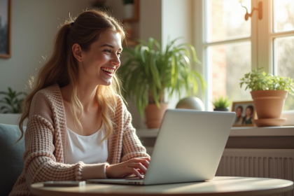 Jeune femme souriante en visioconference dans un salon lumineux