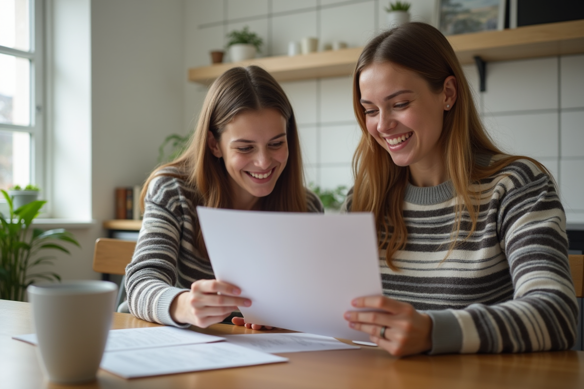 Jeune fille souriante lisant un document avec sa mère