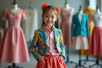 Jeune fille souriante en tenue colorée créative en studio de mode