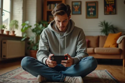 Jeune homme jouant à une console rétro dans un salon chaleureux