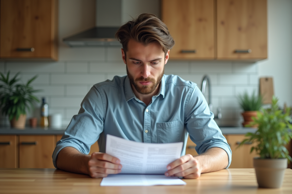 Jeune homme réfléchissant avec rapport de labo à la maison