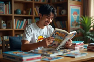 Jeune homme lisant manga dans son espace cosy