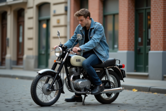 Jeune homme inspectant une moto Dax vintage en ville