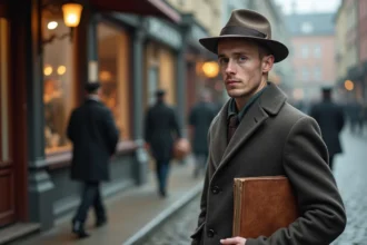 Jeune homme norvegien en costume vintage dans la rue d'Oslo