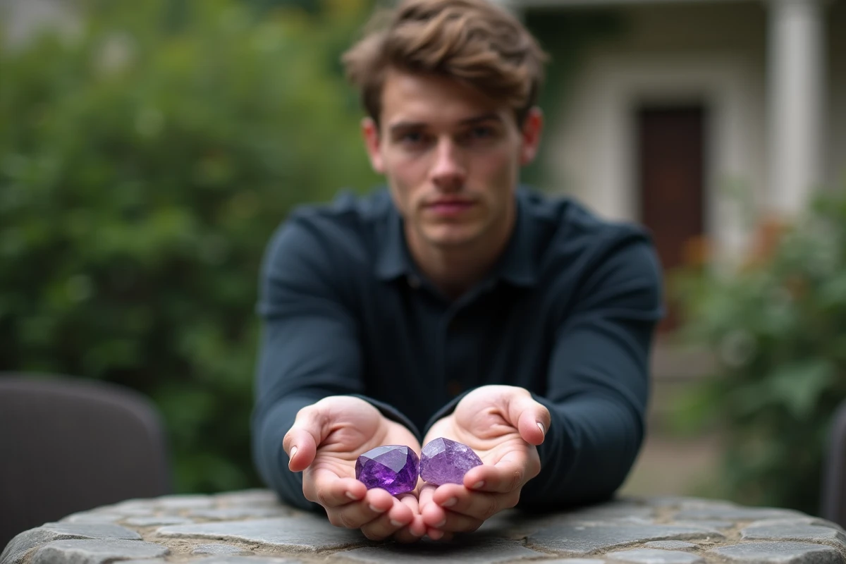 Jeune homme comparant deux gemmes violettes en extérieur