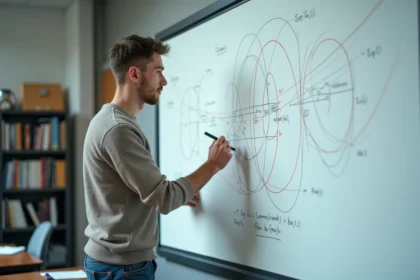 Étudiant en physique dessinant des lignes de champ électrique en classe
