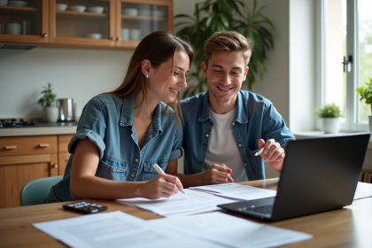 Deux jeunes adultes discutent de documents dans une cuisine lumineuse