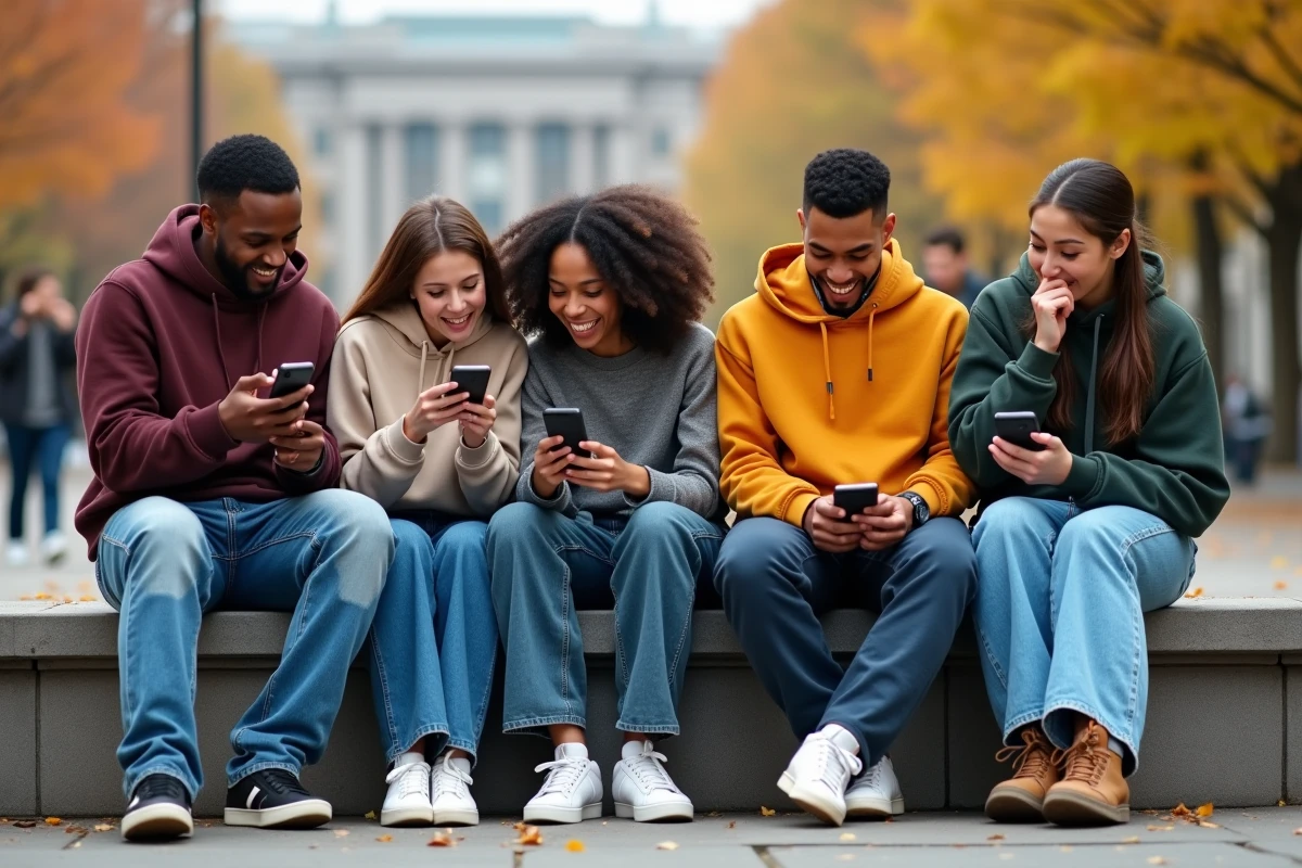 Groupe de jeunes de la génération Z riant ensemble de mèmes sur leurs téléphones sur un campus universitaire en automne, représentant la culture humoristique en ligne de leur génération