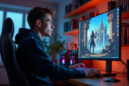 Joueur concentré devant un écran de jeu MMORPG fantastique, cherchant la solution d'une quête dans Dofus
