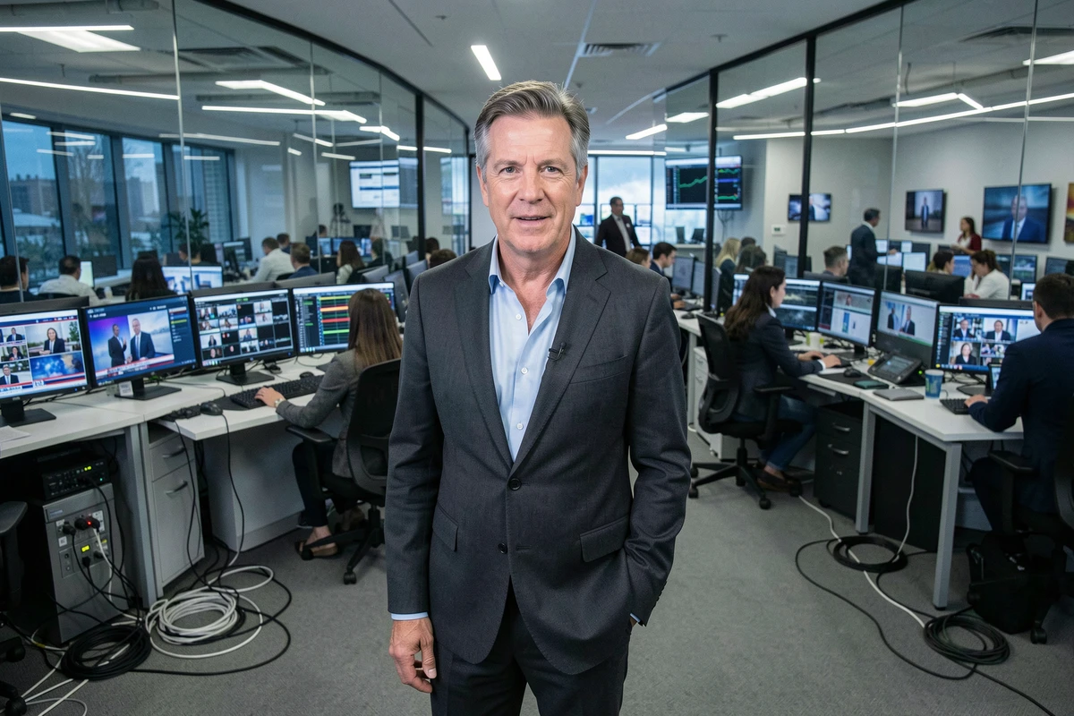 Journaliste présentateur de chaîne d'information dans une salle de rédaction moderne avec écrans d'actualité