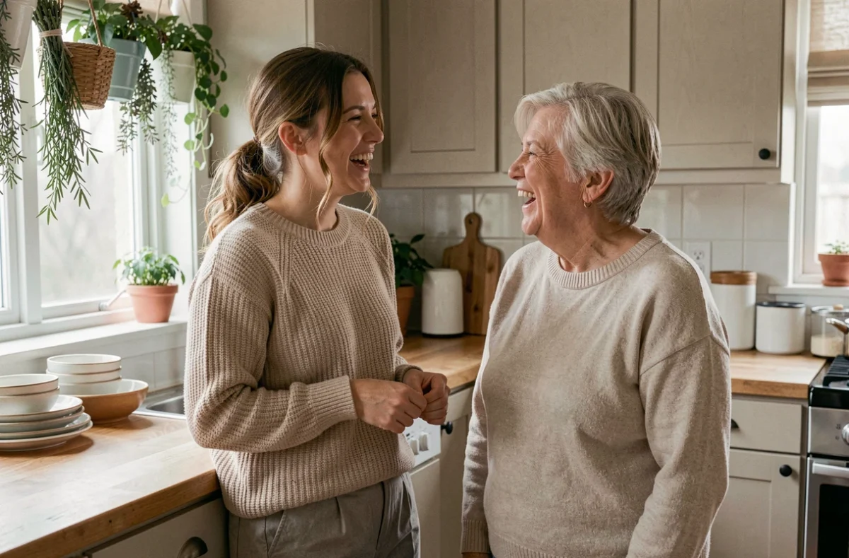 Julia Frenchie Shore riant avec un membre de sa famille dans une cuisine familiale authentique