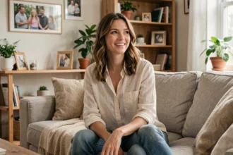 Julia de Frenchie Shore souriante dans un salon familial chaleureux et décoré de photos personnelles