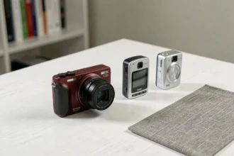 Comparaison du Kodak Pixpro FZ55 avec deux appareils photo compacts concurrents posés sur un bureau blanc