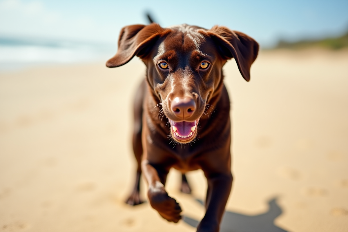 Labrador chocolat courant joyeusement sur la plage de sable