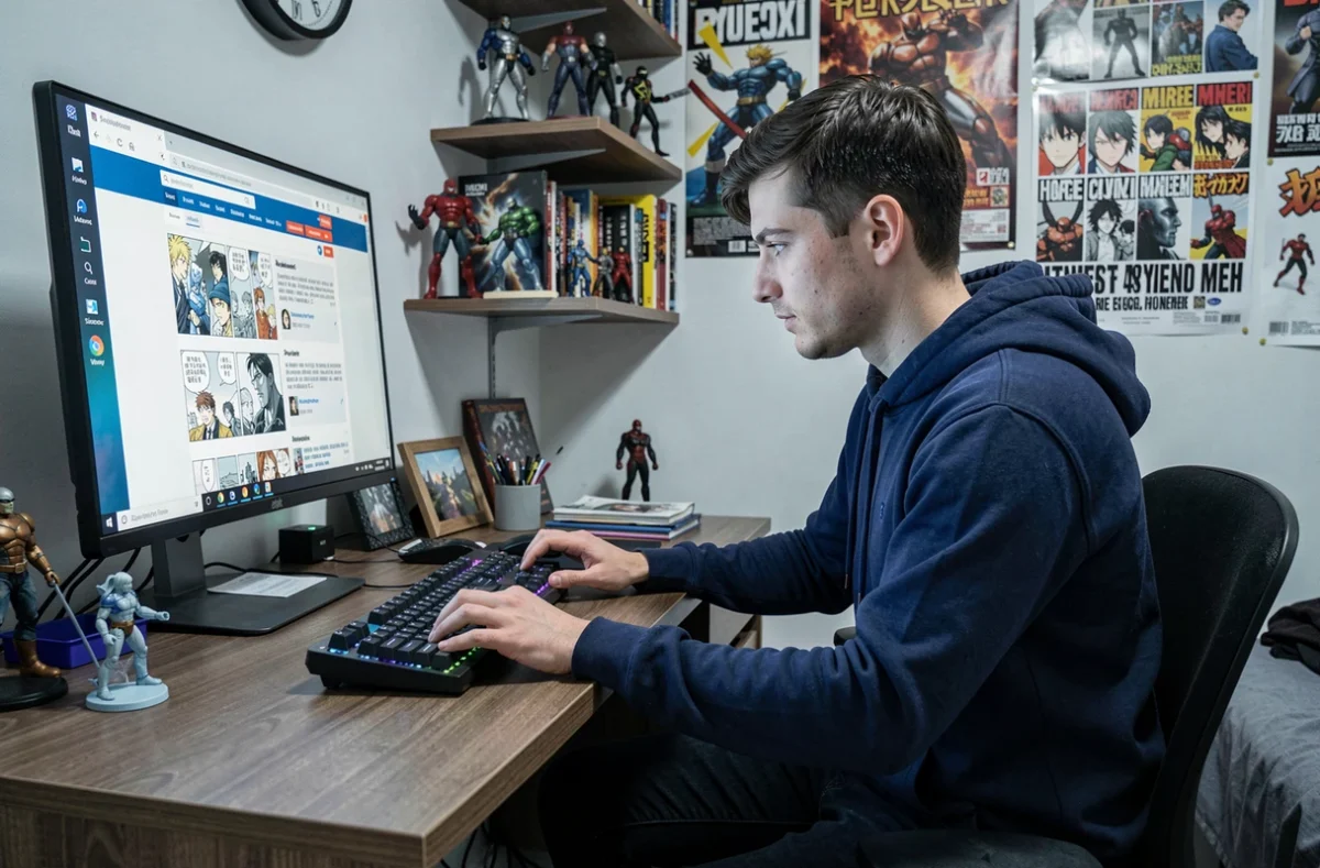 Jeune homme passionné de manga naviguant sur un site de lecture de mangas VF en ligne depuis son bureau d'otaku