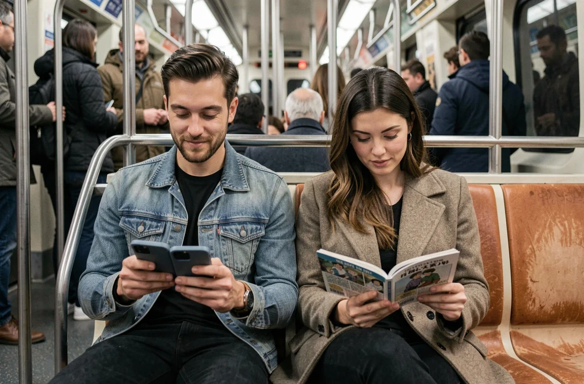 Deux lecteurs de manga en version française scantrad lisant sur leur smartphone dans le métro pendant leur trajet quotidien