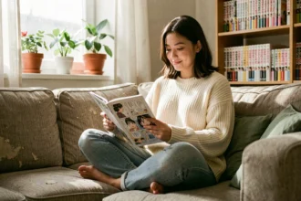 Jeune femme lisant des mangas en version française sur un ordinateur portable, confortablement installée dans son salon entouré de volumes de manga
