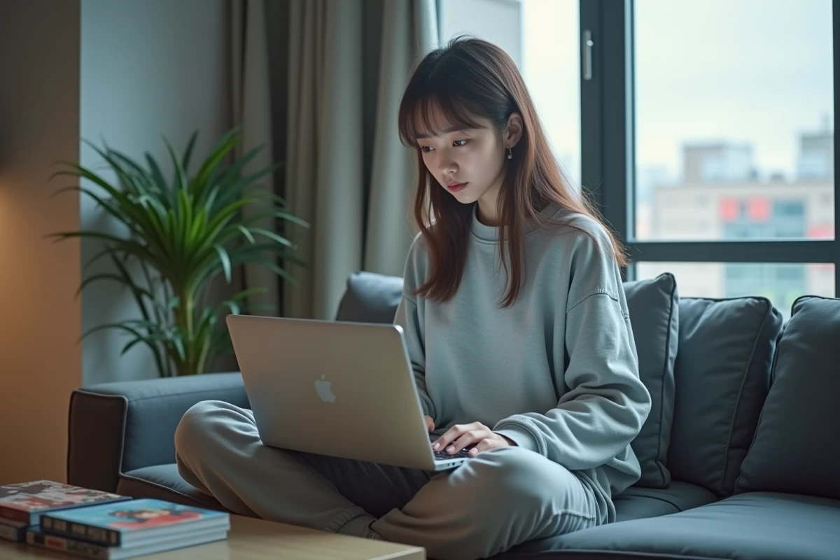 Jeune femme lisant une version française de scan One Piece sur son ordinateur portable dans un salon moderne