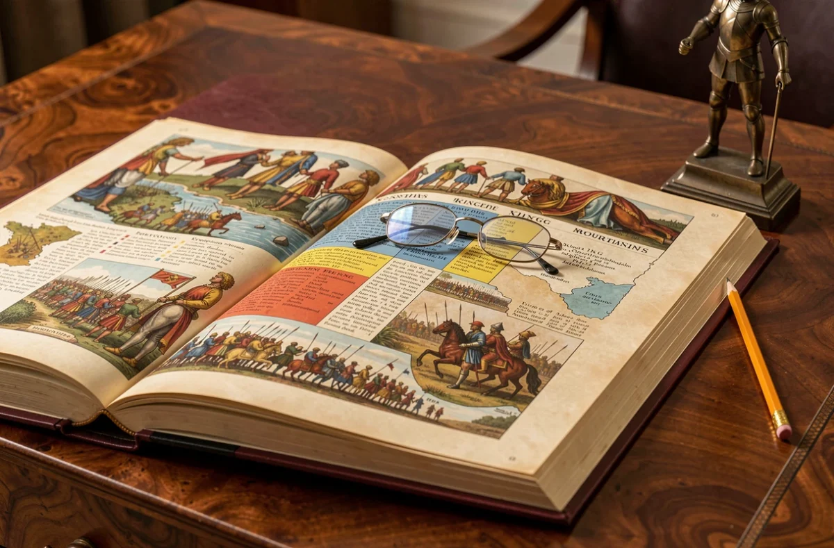 Livre illustré ouvert montrant la frise des rois de France avec sections dynastiques colorées et cartes de batailles médiévales