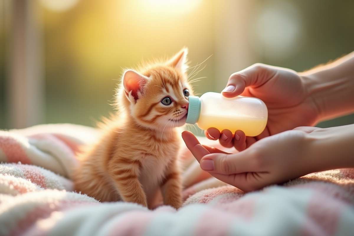Main donnant un biberon à un chaton orange doux