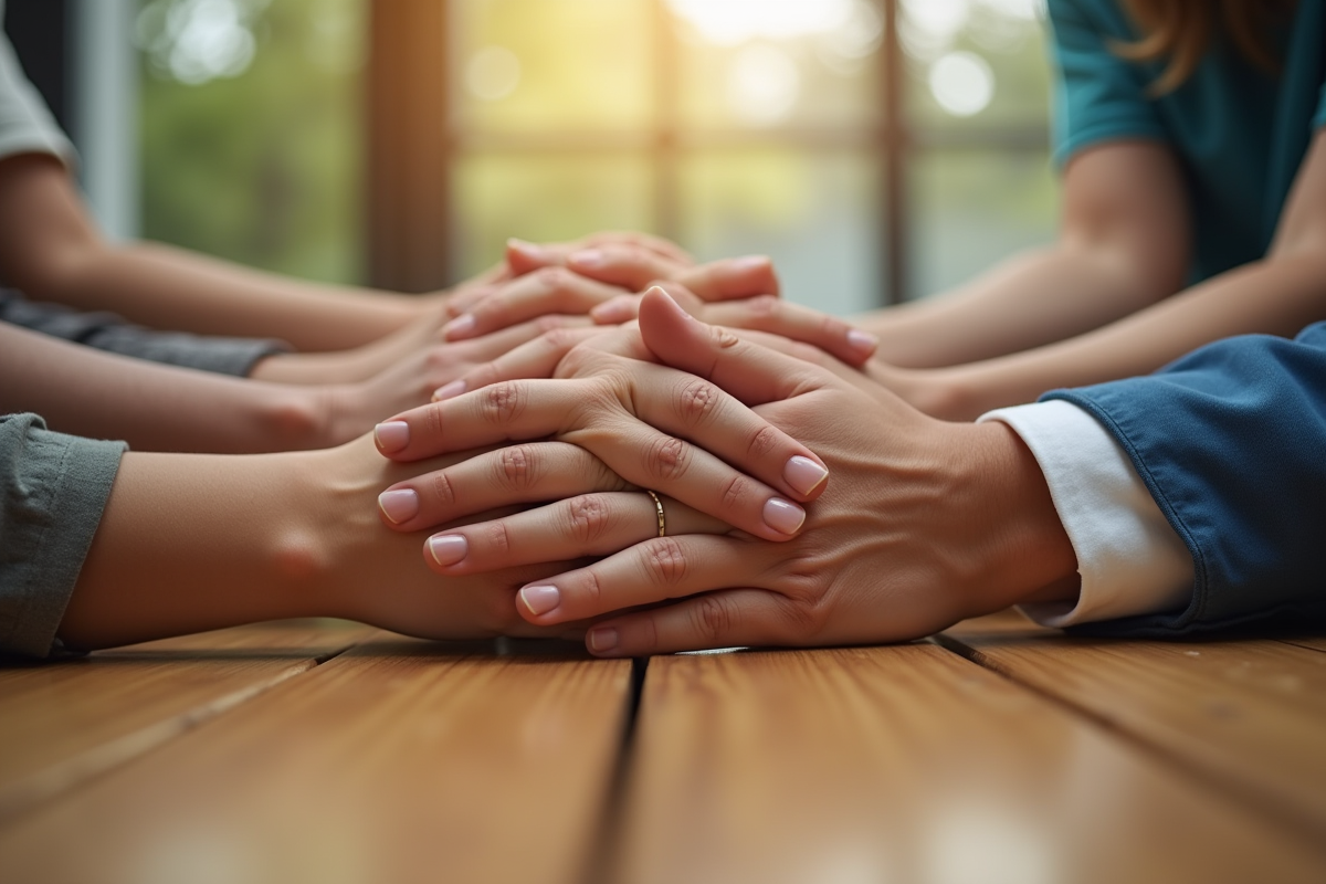 Mains de différentes personnes en soutien sur une table en bois