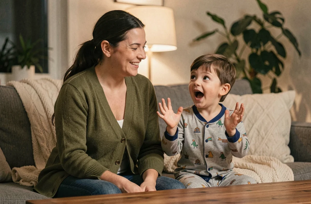 Une mère pose une devinette à son fils sur le canapé, l'enfant réagit avec surprise et joie