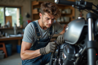 Jeune mécanicien ajustant une moto dans un atelier