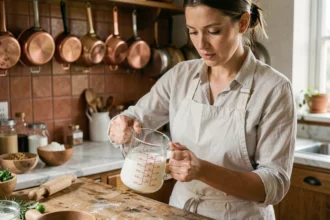 Cheffe cuisinière mesurant des liquides dans une verseuse graduée en litres et centilitres dans une cuisine rustique