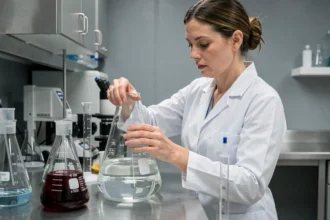 Femme en blouse blanche mesurant un volume de liquide dans un bécher gradué en laboratoire, illustrant la conversion de cm3 en litres