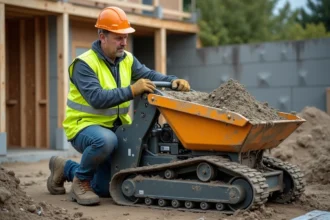 Ouvrier du bâtiment utilisant un mini dumper sur un chantier de construction résidentiel avec fondations en béton