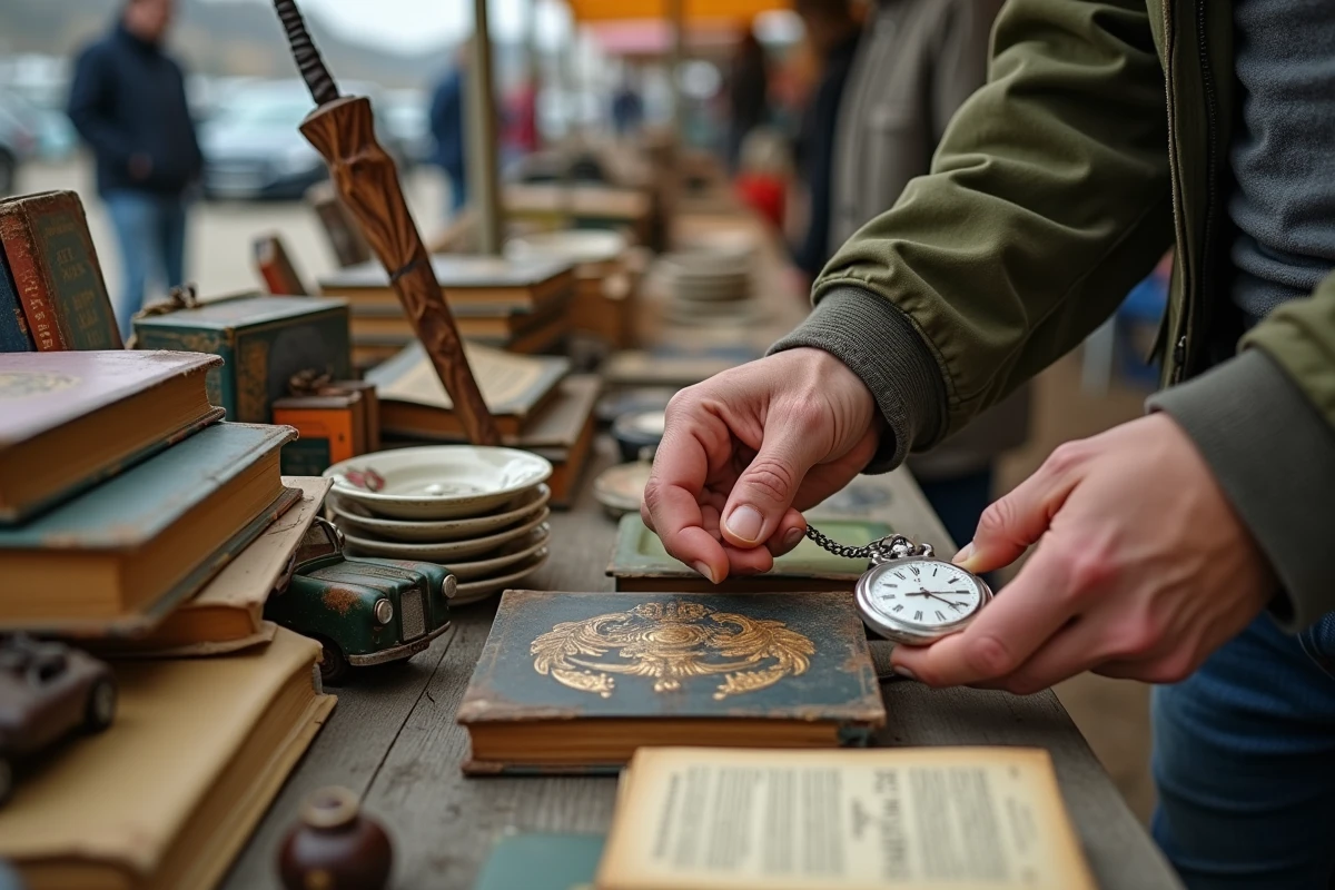 Gros plan sur des objets chinés posés sur une table de vide grenier en Bretagne, montre de poche vintage et vaisselle ancienne