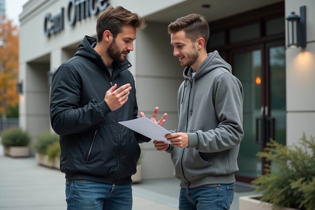 Père et fils devant le bureau Caf en extérieur