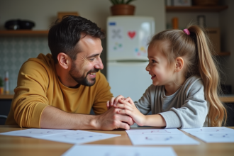 Père et fille souriante à la cuisine avec papiers