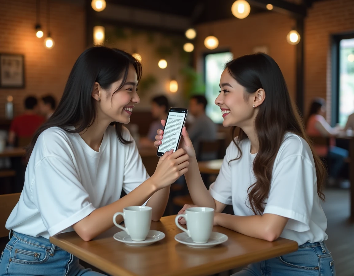 Deux amies partageant un chapitre de manga sur smartphone dans un café