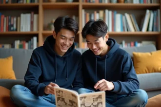 Deux jeunes hommes partageant la lecture d'un manga One Piece dans un appartement cosy