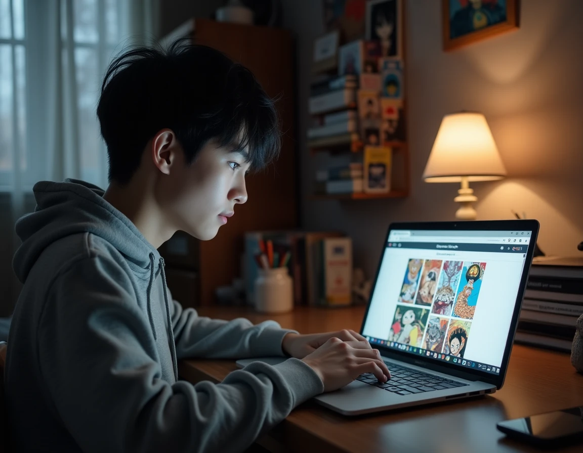 Jeune homme partageant un scan de One Piece avec ses amis via un chat en ligne sur ordinateur portable