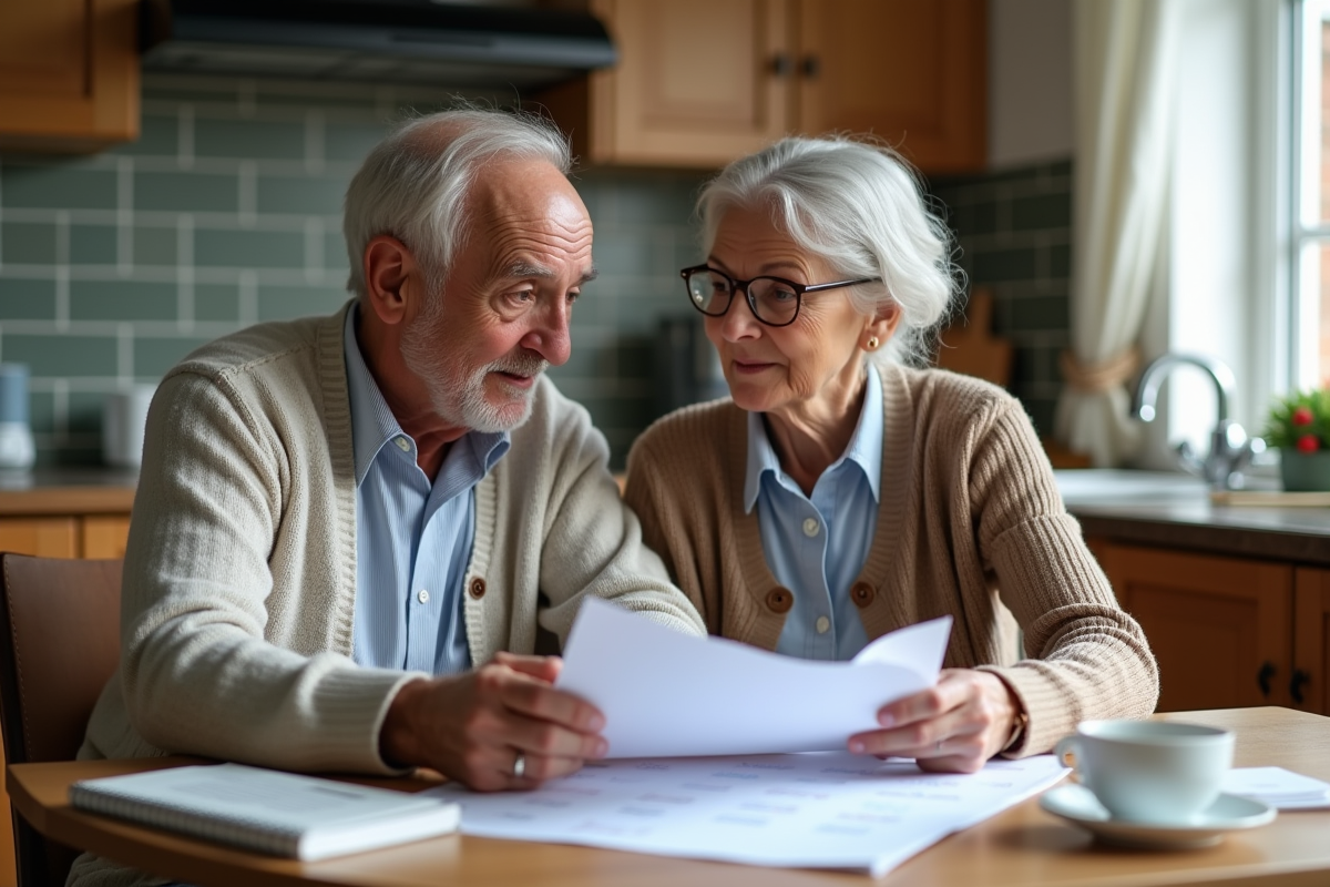Père et fille examinant des papiers de retraite à la cuisine