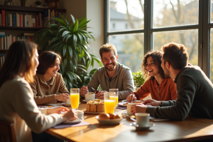Groupe de jeunes adultes partageant un petit déjeuner convivial dans un appartement lumineux