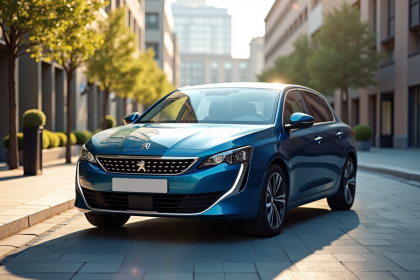 Peugeot 408 hybride en ville moderne en journée