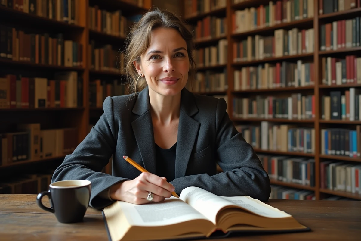 Philosophe étudiant la définition de l'art dans une bibliothèque universitaire avec livres et croquis