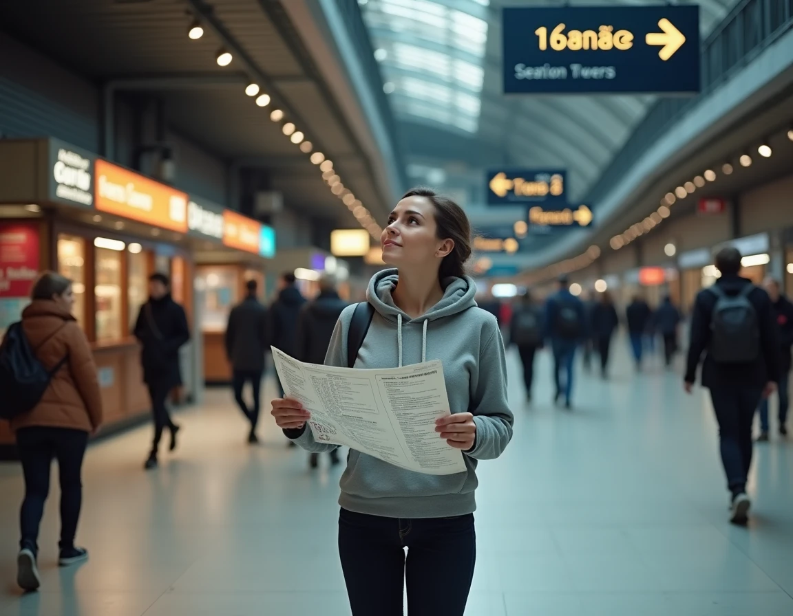 Femme lisant le plan de salle intérieur de Bercy avec les panneaux de sections et sorties visibles