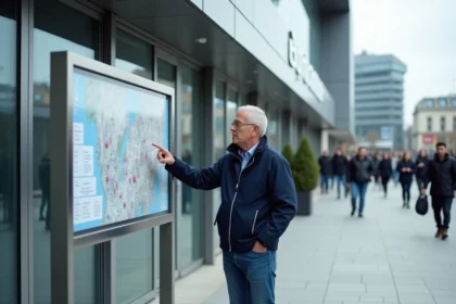 Homme consultant le plan de salle de l'AccorArena Bercy devant l'entrée principale
