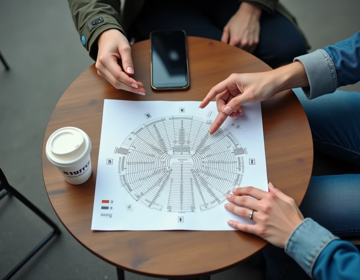 Vue de dessus d'un plan de salle de Bercy ouvert sur une table avec deux personnes indiquant les entrées et sorties