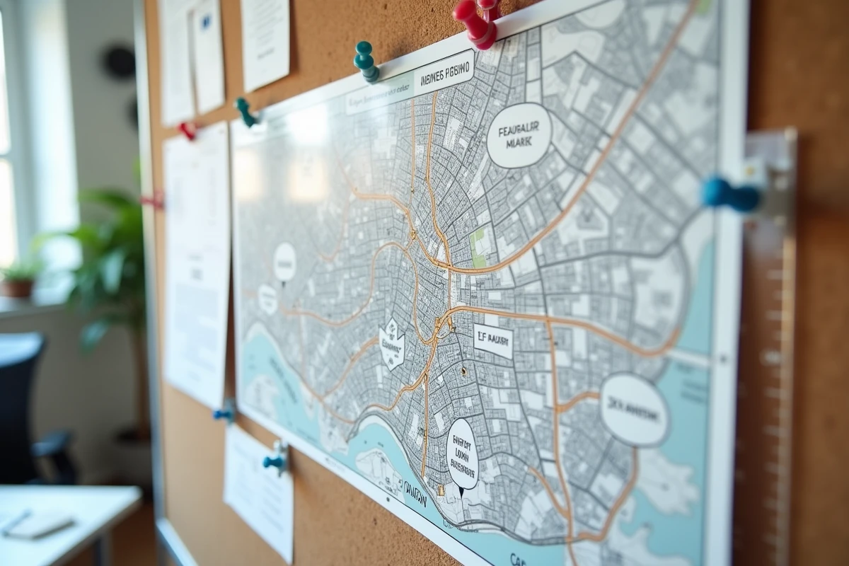 Plan urbain épinglé au mur avec délimitations de faubourgs annotées à la main