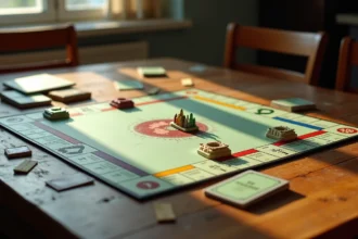 Plateau de jeu Monopoly ouvert sur une table en bois avec pièces et cartes éparpillées