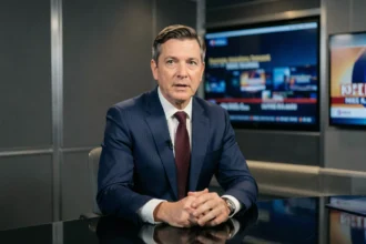 Présentateur homme de CNews en costume marine assis derrière le bureau du plateau de télévision